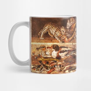 POMPEII ANIMALS,ANCIENT ROMAN MOSAICS ,WILD CAT WITH QUAIL,BIRDS,DUCKS AND FISHES Mug